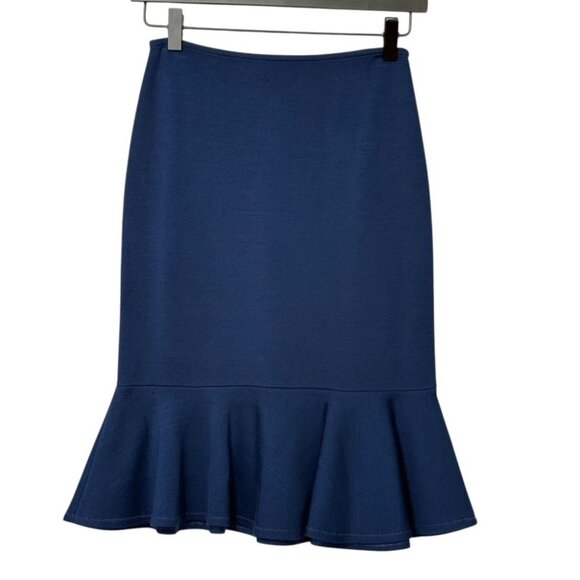 St. John Navy Blue Pencil Skirt Ruffle Hem Wool Blend Knee Length Classic Size 0 - Picture 1 of 12